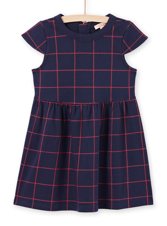 Robe manches courtes bleu nuit à carreaux rouges enfant fille MAJOROB4 / 21W90124ROBC205