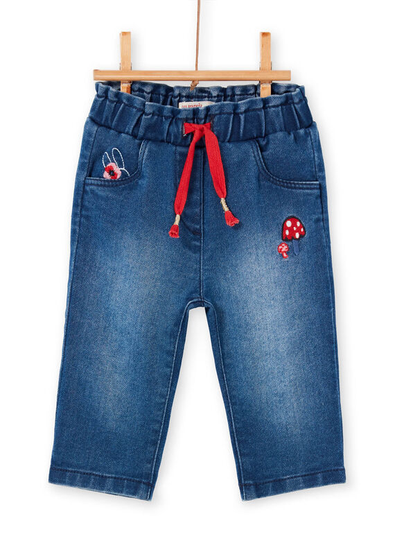Jean denim bleu broderies fleurs et champignons bébé fille LIHAPAN / 21SG09X1PANP270