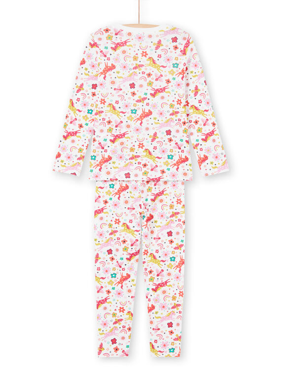 Ensemble pyjama T-shirt et pantalon rose et écru imprimé licornes et fantaisie enfant fille MEFAPYJUNI / 21WH1186PYJ001