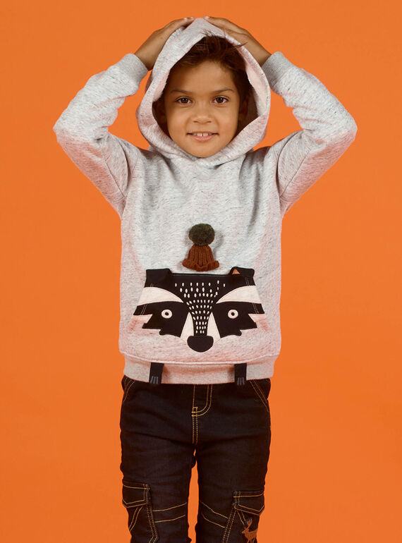 Sweat à capuche gris chiné motif animal enfant garçon MOSAUSWE / 21W902P1SWEJ922
