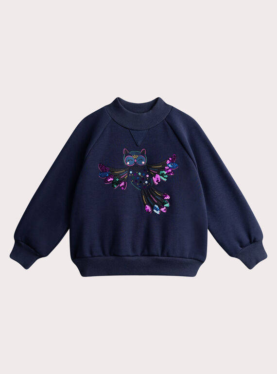 Sweat bleu foncé animation hibou sequins pour fille VAKYSWEA / 24W901S1SWE070