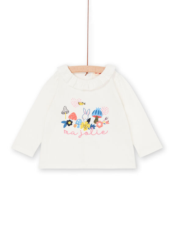 T-shirt écru à col volanté et motif lapin fantaisie bébé fille LIHABRA / 21SG09X1BRA001