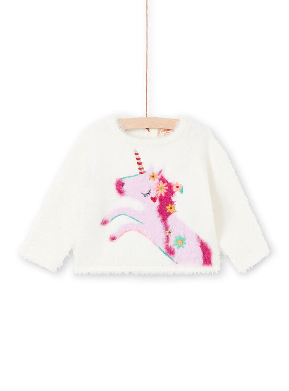 Pull écru motif licorne rose bébé fille MITUPUL / 21WG09K1PUL001