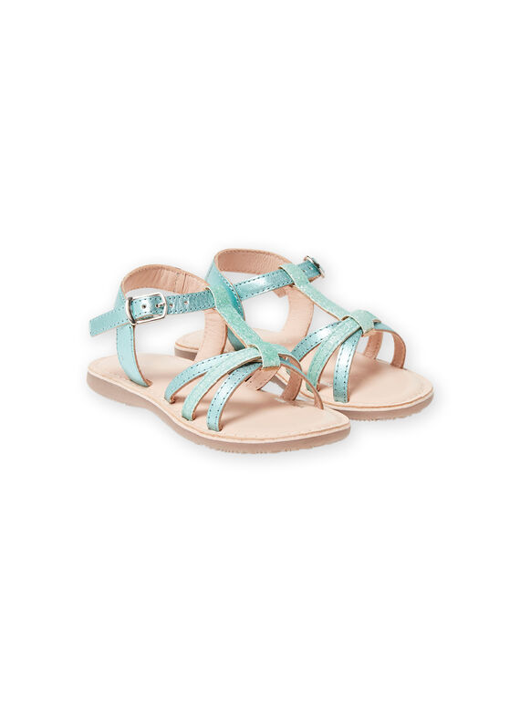 Sandales en cuir vert irisé avec brides à paillettes enfant fille LFSANDLOU / 21KK355CD0E600
