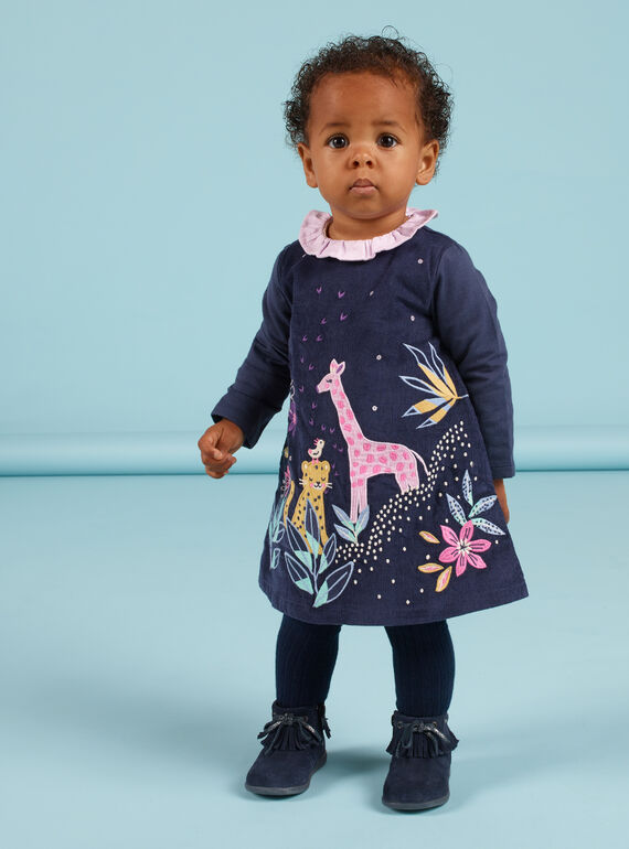 Robe bleu marine en velours à motifs savanes brodés bébé fille MIPLAROB1 / 21WG09O3ROBC202