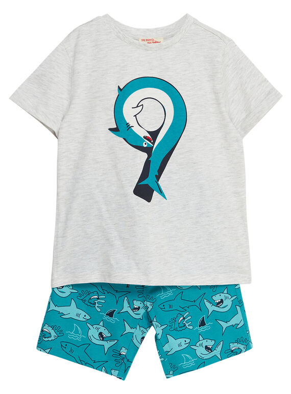 Ensemble de plage garçon tee shirt gris chiné et bermuda imprimé turquoise requin JOPLAENS1 / 20S902X2ENSJ906