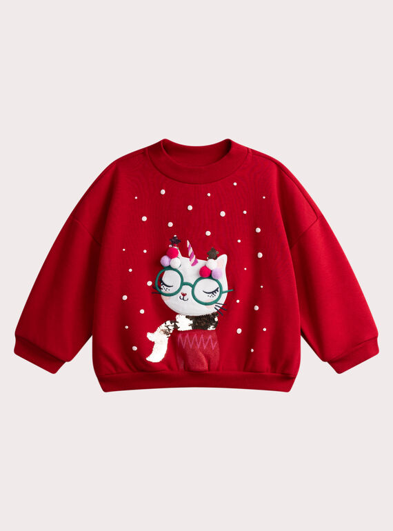 Sweat rouge animation chat de noël pour fille VAWASWEA / 24W901T1SWEF504