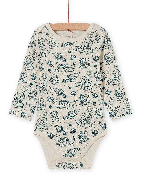 Body manches longues écru et bleu à imprimé espace bébé garçon MEGABODCHA / 21WH14C2BDL080