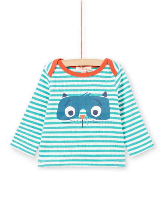 T-shirt manches longues à rayures turquoise et blanches motif raton-laveur bébé garçon MUJOTEE2 / 21WG1023TMLC217