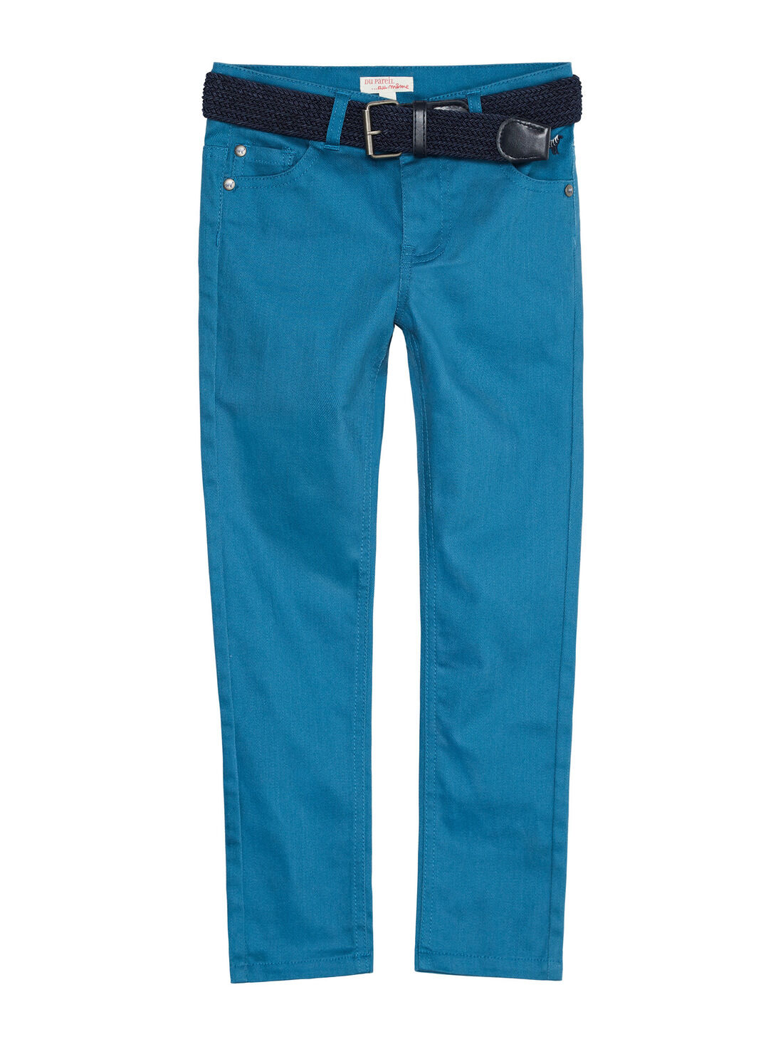 Pantalon 5 poches en twill bleu clair garcon avec ceinture marine en corde Catalogue DPAM DPAM