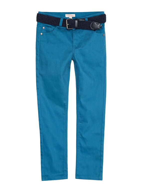 Pantalon 5 poches en twill bleu clair garçon avec ceinture marine en corde JOJAPANT1 / 20S902B1PANC235