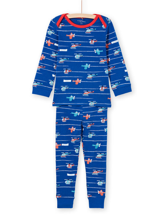 Ensemble pyjama T-shirt et pantalon bleu et rouge imprimé à rayures et hélicoptères enfant garçon MEGOPYJAVIO / 21WH1285PYJC214