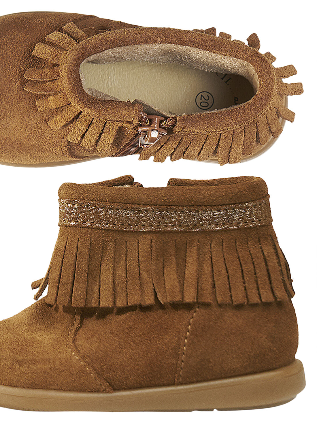 Boots croûte de cuir camel à franges bébé fille : Catalogue DPAM bébé | DPAM