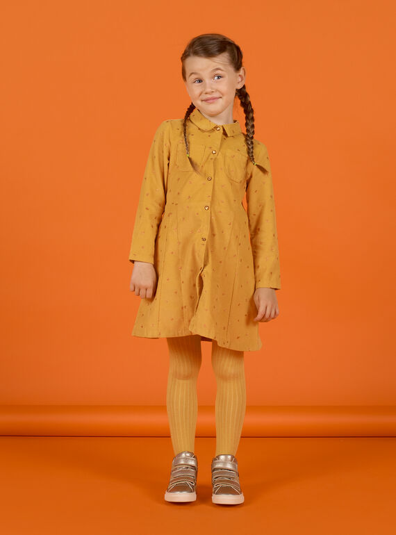 Robe jaune en velours à motif fantaisie enfant fille MASAUROB3 / 21W901P1ROBB107
