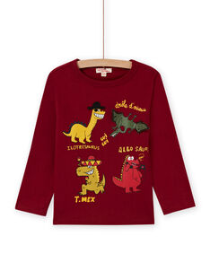 T-shirt manches longues rouge bordeaux motifs dinosaures enfant garçon MOFUNTEE3 / 21W902M2TML511