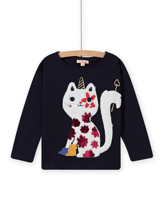 T-shirt bleu nuit motif chat-licorne enfant fille MAMIXTEE3 / 21W901J2TMLC205