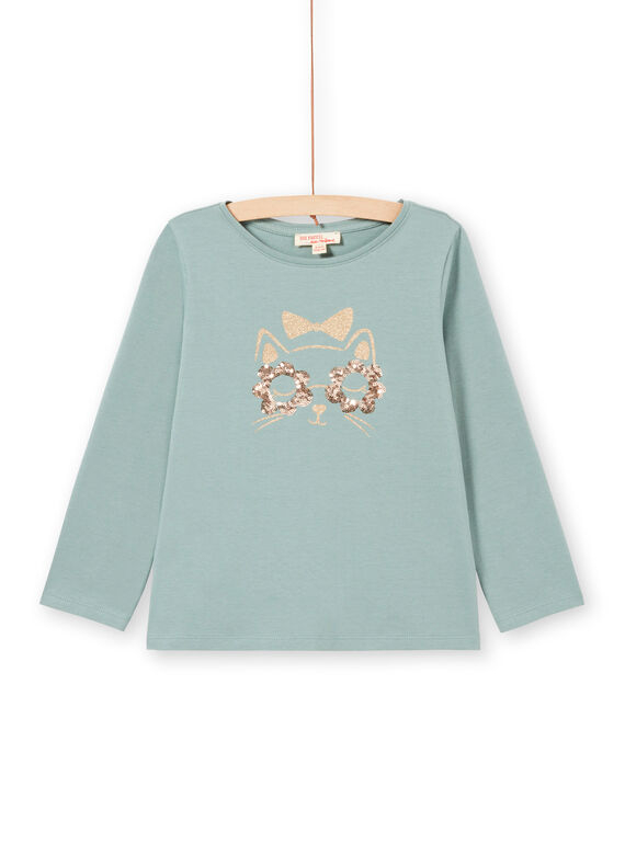 T-shirt turquoise manches longues à motif chat pailleté enfant fille MAJOYTEE4 / 21W9012CTML612