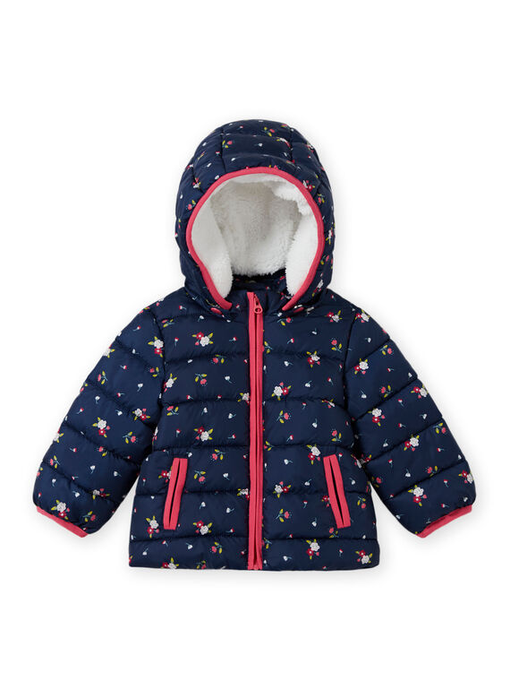 Doudoune à capuche bleu marine à imprimé fleuri bébé fille MIKADOU / 21WG0952D3E070