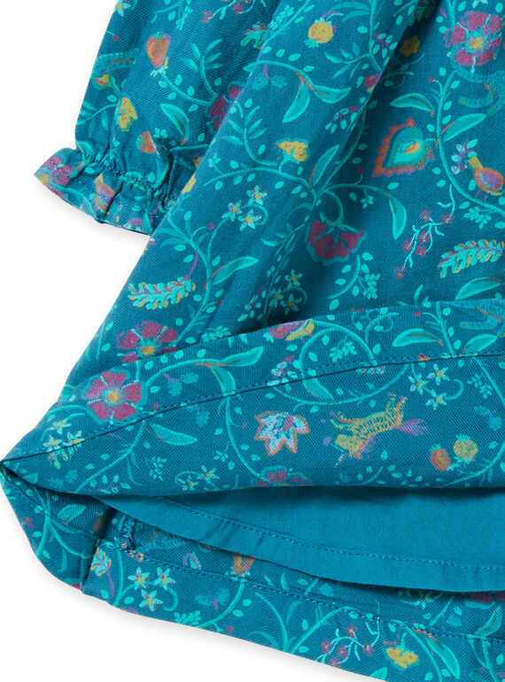 Robe manches longues bleu canard à imprimé fleuri enfant fille MITUROB1 / 21WG09K3ROB714