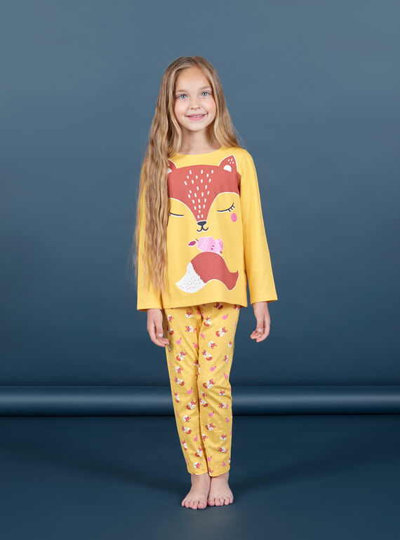 Ensemble pyjama T-shirt et pantalon jaune et orange enfant fille MEFAPYJFOX / 21WH1174PYG010