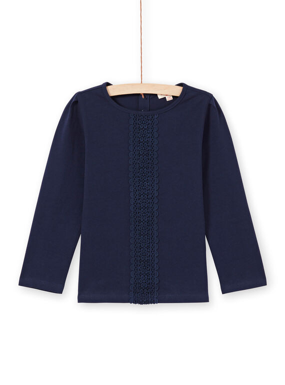 T-shirt manches longues bleu nuit avec dentelle enfant fille MAJOSTEE1 / 21W90115TMLC205