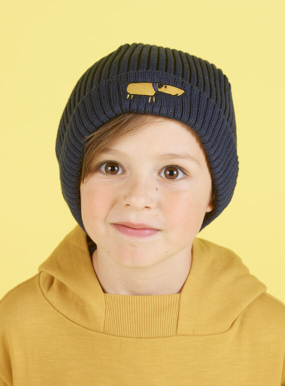 Bonnet en maille bleu nuit broderie chien enfant garçon MYOGROBON1 / 21WI0255BON705