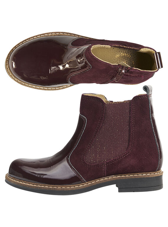 Chelsea boots bi-matière cuir croûte et verni lie de vin enfant fille GFBOOTPRU / 19WK35ICD0D719