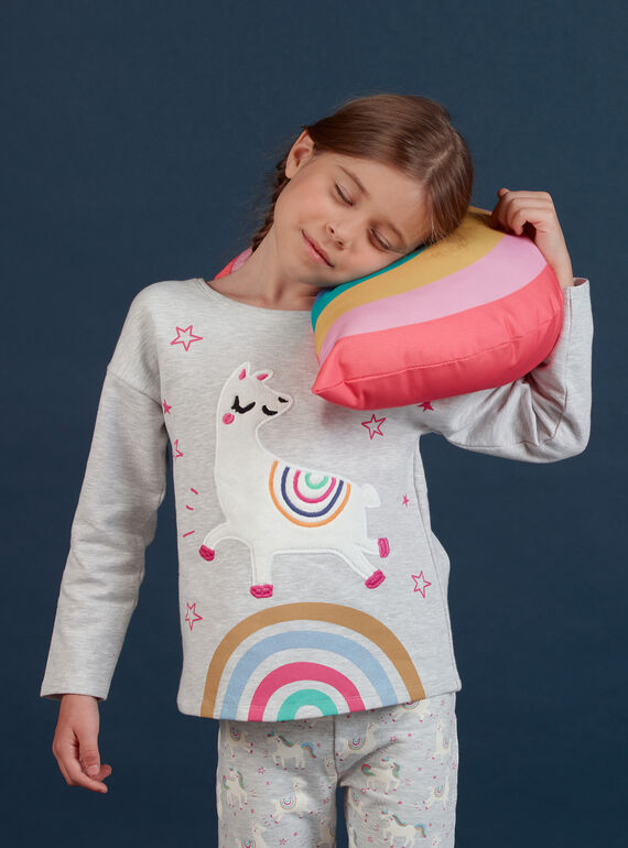 Pyjama en molleton gris chiné à motif lama phosphorescent enfant fille MEFAPYJLAM / 21WH1194PYJJ920