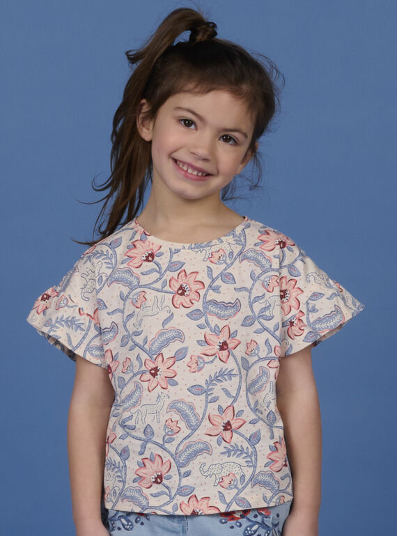 T-shirt manches courtes crème, bleu et rose enfant fille NASANTI1 / 22S901S4TMCA002