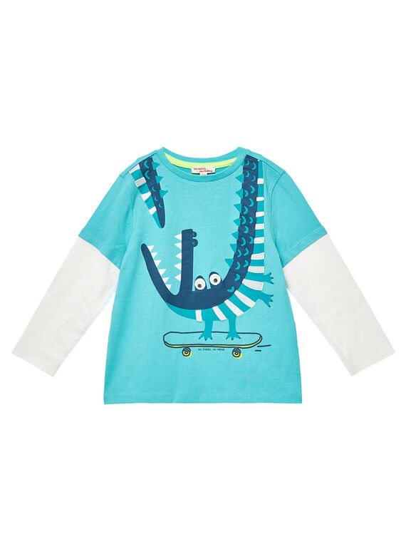 Tee shirt garçon effet doubles manches longues turquoise et ecru JOCLOTEE1 / 20S90211TML209