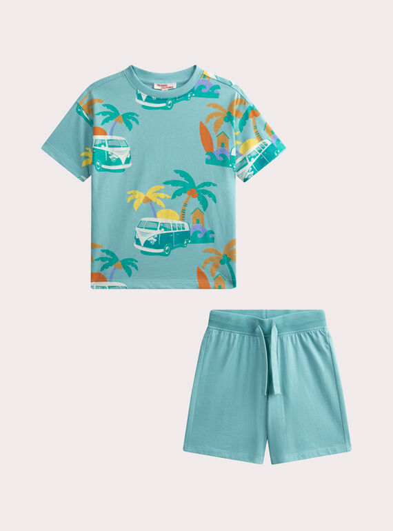 Ensemble t-shirt animation palmiers  et short vleu ciel WOPLAENS2 / 25S902O2ENS204