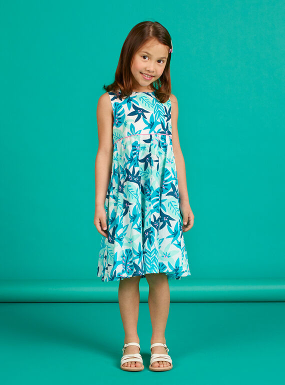Robe blanche et bleu imprimé feuillage enfant fille LAVEROB3 / 21S901Q1ROB001