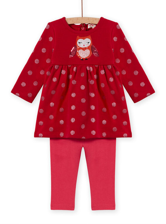 Ensemble rouge robe imprimé coeurs et legging à rayures bébé fille MIFUNENS / 21WG09M1ENS511