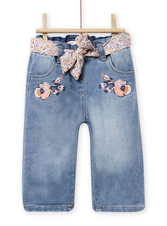 Pantalon denim brodé et ceinture imprimé fleuri bébé fille NIMOPAN1 / 22SG09N2PANP270