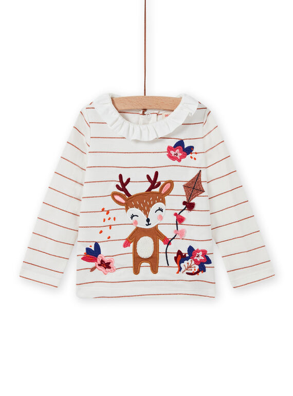 T-shirt à rayures col volanté et motif cerf fantaisie bébé fille MIFUNBRA / 21WG09M1BRA001
