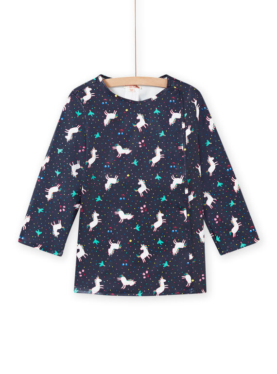 Tablier d'activités imperméable bleu nuit imprimé licornes enfant fille MYALITAB / 21WI01G1TABC205