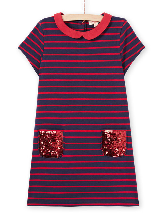 Robe milano rayée manches courtes rouge et bleu nuit enfant fille MAJOROB2 / 21W90126ROBC205