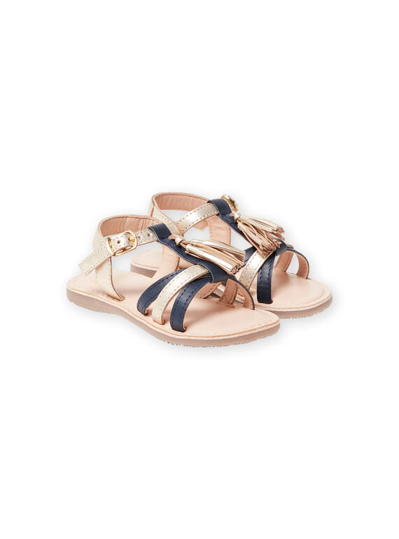 Sandales en cuir dorées et bleu marine avec pompons enfant fille LFSANDLOUISE / 21KK355PD0E954