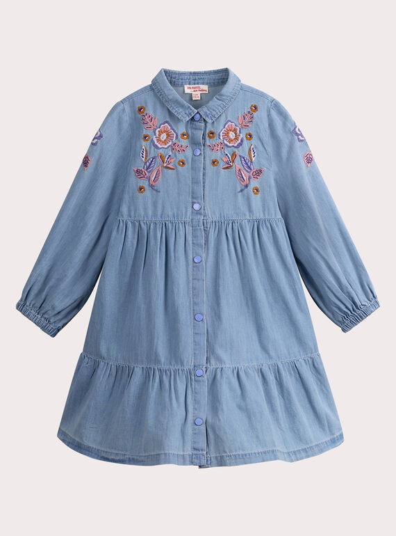 Robe effet denim avec broderies fleuries pour fille VADAROB3 / 24W90123ROBP272