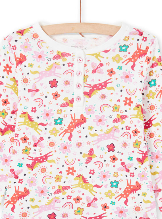 Ensemble pyjama T-shirt et pantalon rose et écru imprimé licornes et fantaisie enfant fille MEFAPYJUNI / 21WH1186PYJ001