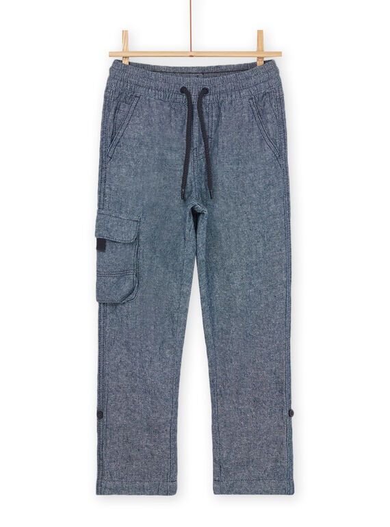 Pantalon bleu nuit chiné en lin et coton mélangés ROBALPAN / 23S902W1PAN705