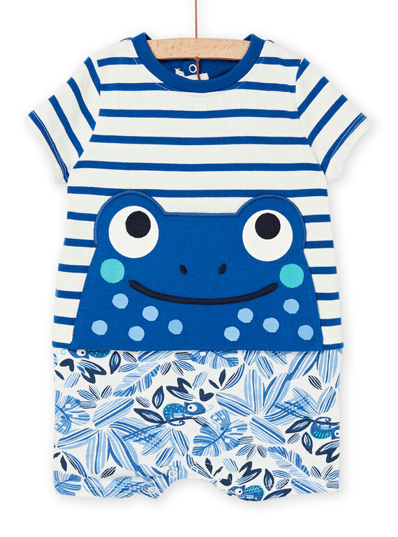 Grenouillère courte bleue à imprimé à rayures et à motif grenouille. REGAGREBLUE / 23SH14H2GRE000