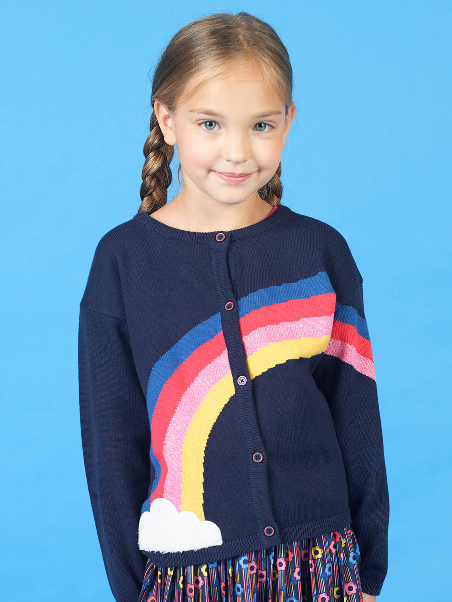 Cardigan bleu marine motif arc en ciel enfant fille Pull