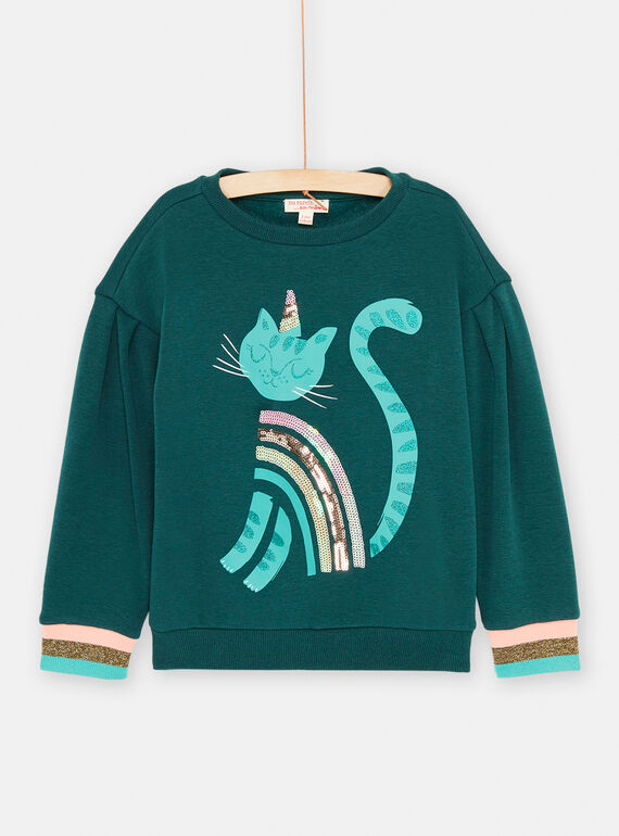 Sweat bleu canard à motif chat pour fille SADUSWEA / 23W901P1SWE714