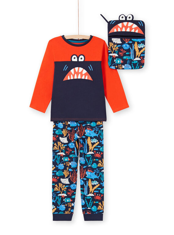 Ensemble pyjama T-shirt et pantalon orange et bleu foncé enfant garçon MEGOPYJMAN4 / 21WH1274PYGE414