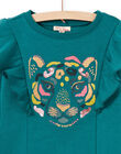Sweatshirt bleu canard à volants et motif tigre enfant fille MAKASWEA / 21W901I1SWEG633