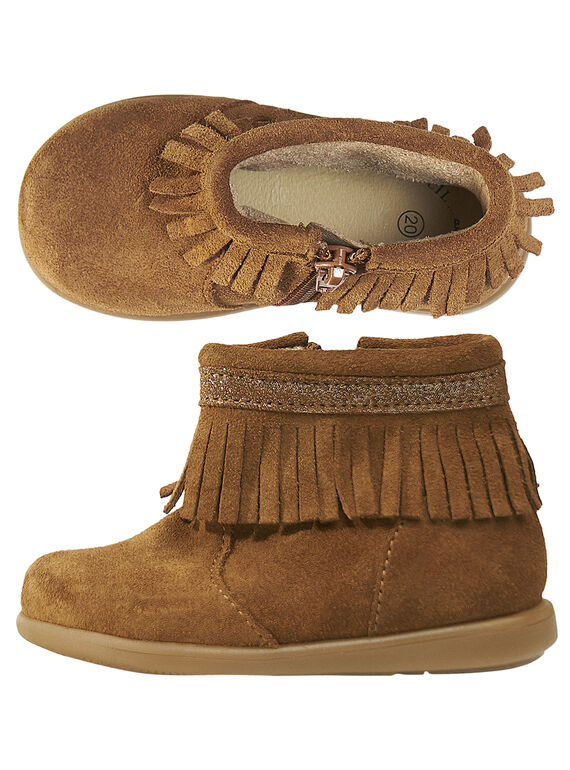Boots croûte de cuir camel à franges bébé fille GBFBOOTINDC / 19WK37X2D0D804