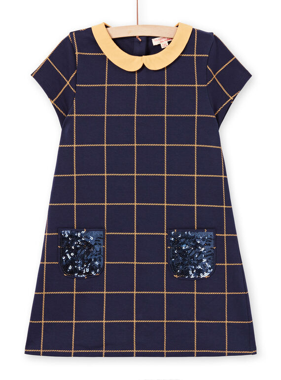 Robe manches courtes bleu nuit à carreaux jaunes enfant fille MAJOROB1 / 21W90122ROBC205