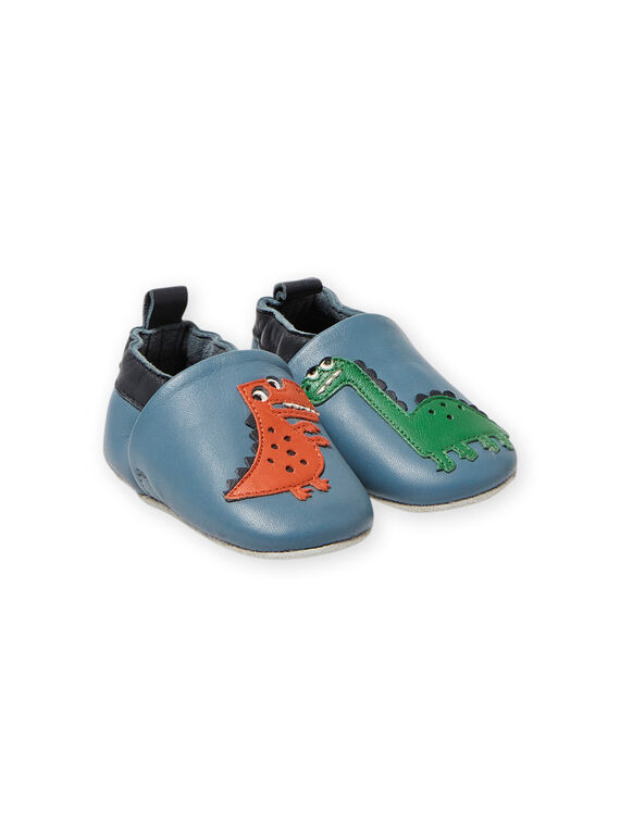 Pantoufles en cuir bleues motifs dinosaures bébé garçon MUCHOSAUR / 21XK3822D3SC201
