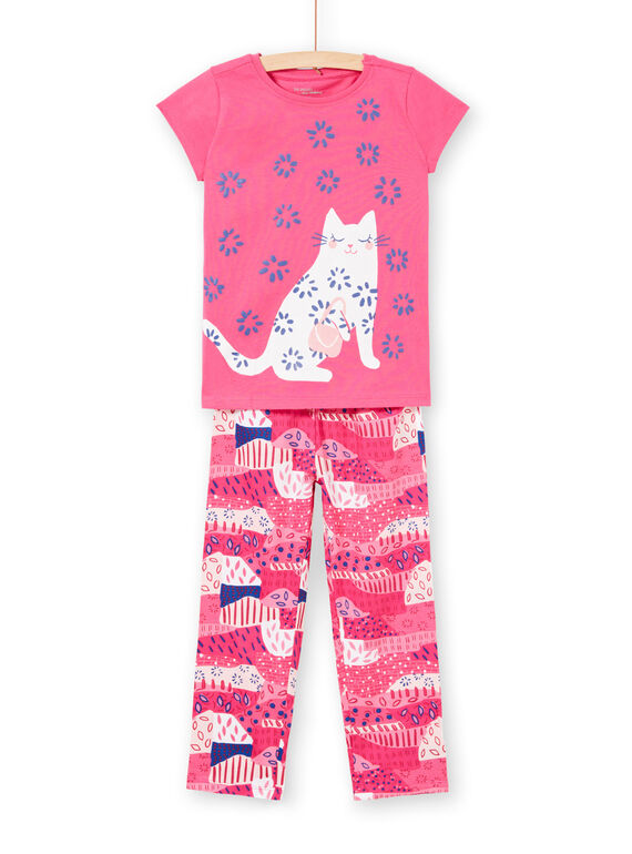Pyjama T-shirt et pantalon fuchsia et blanc enfant fille LEFAPYJWAXEX / 21SH115DPYJ030